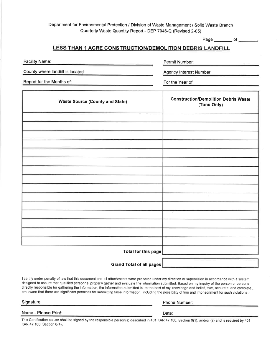 Form DEP7046-Q Quarterly Waste Quantity Report - Kentucky, Page 5