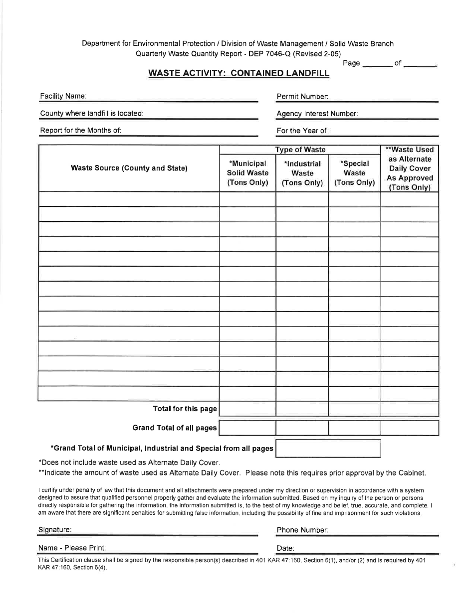 Form DEP7046-Q Quarterly Waste Quantity Report - Kentucky, Page 7
