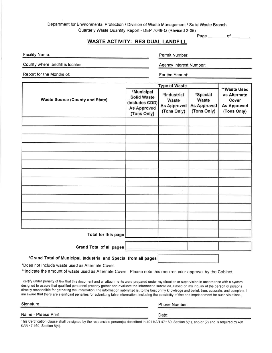 Form DEP7046-Q Quarterly Waste Quantity Report - Kentucky, Page 9