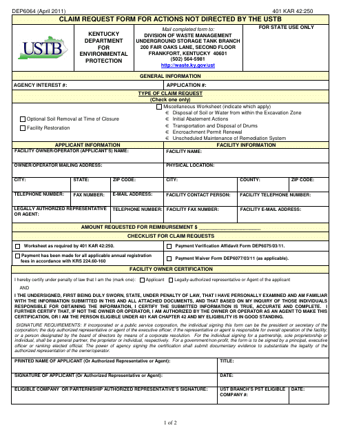 Form DEP6064 Claim Request Form for Actions Not Directed by the Ustb - Kentucky