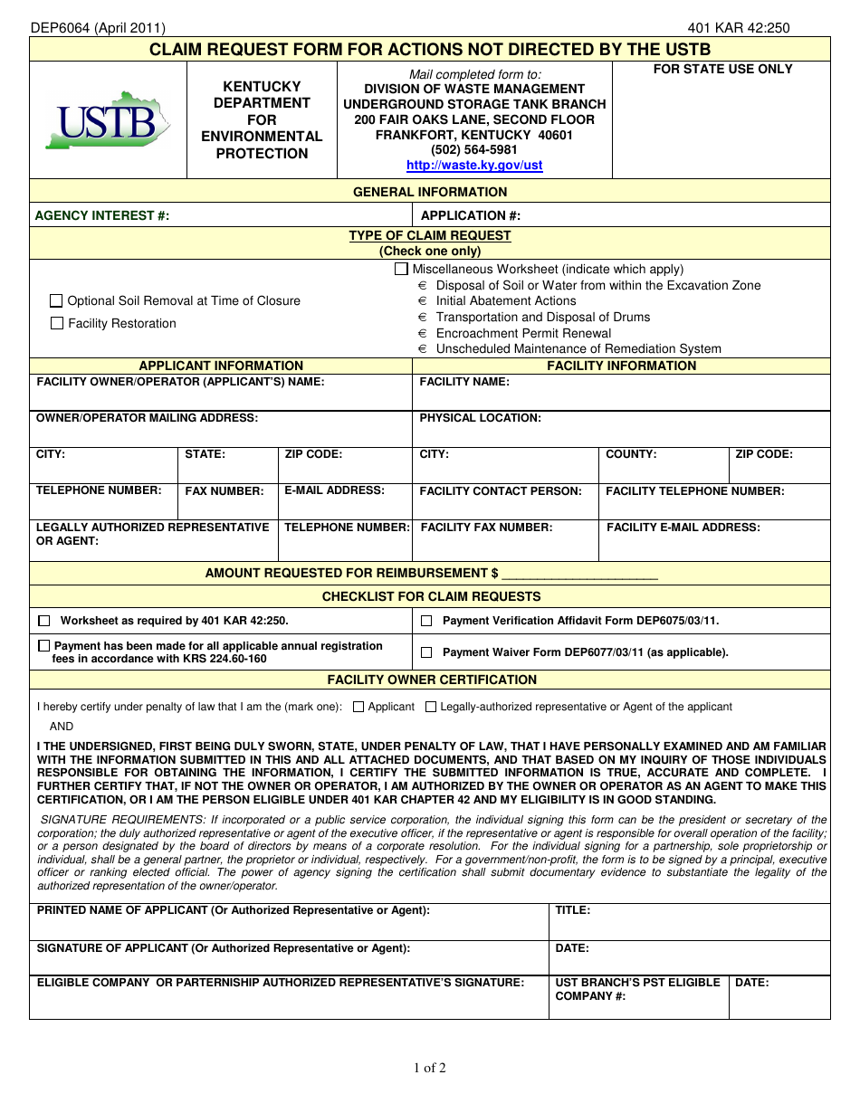 Form DEP6064 Claim Request Form for Actions Not Directed by the Ustb - Kentucky, Page 1