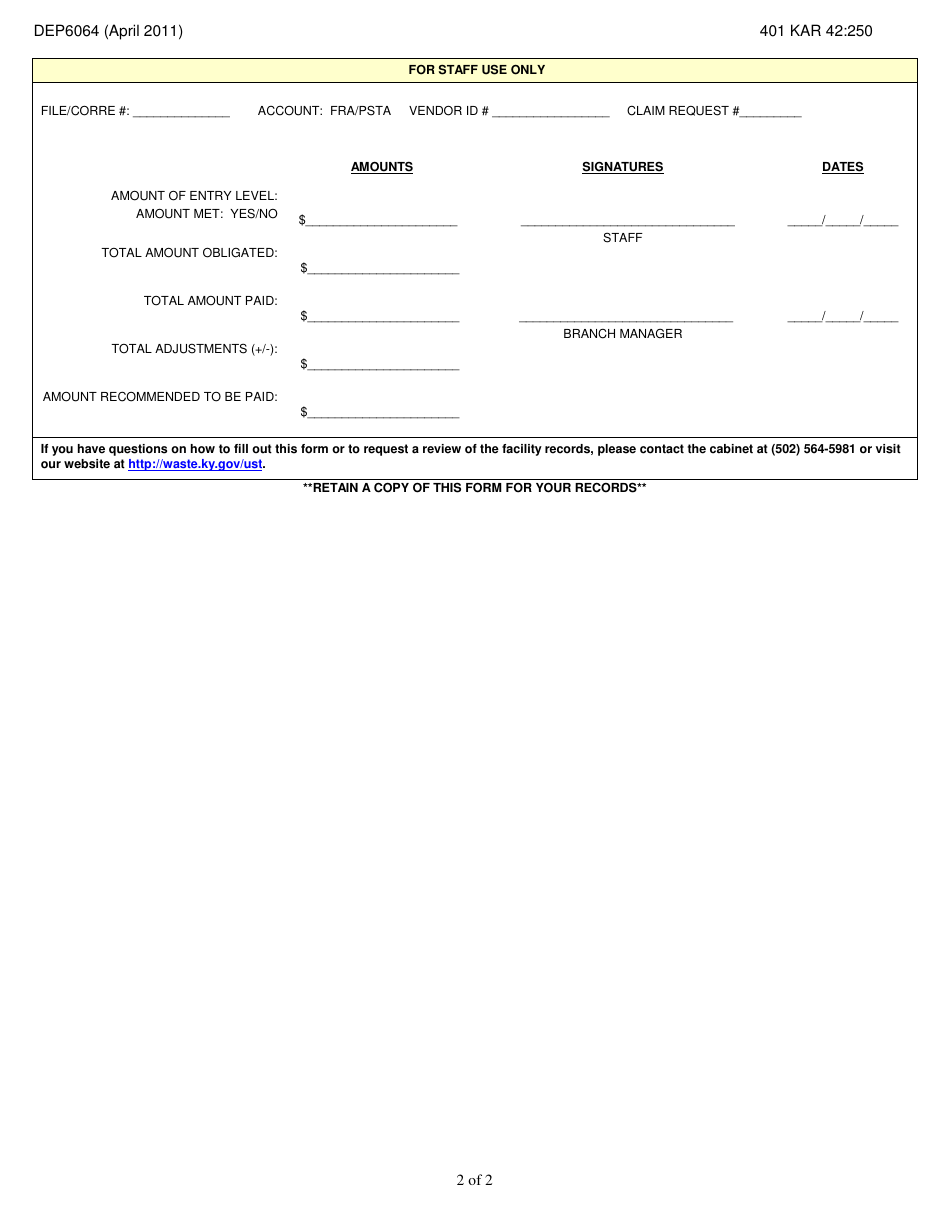 Form DEP6064 Claim Request Form for Actions Not Directed by the Ustb - Kentucky, Page 2