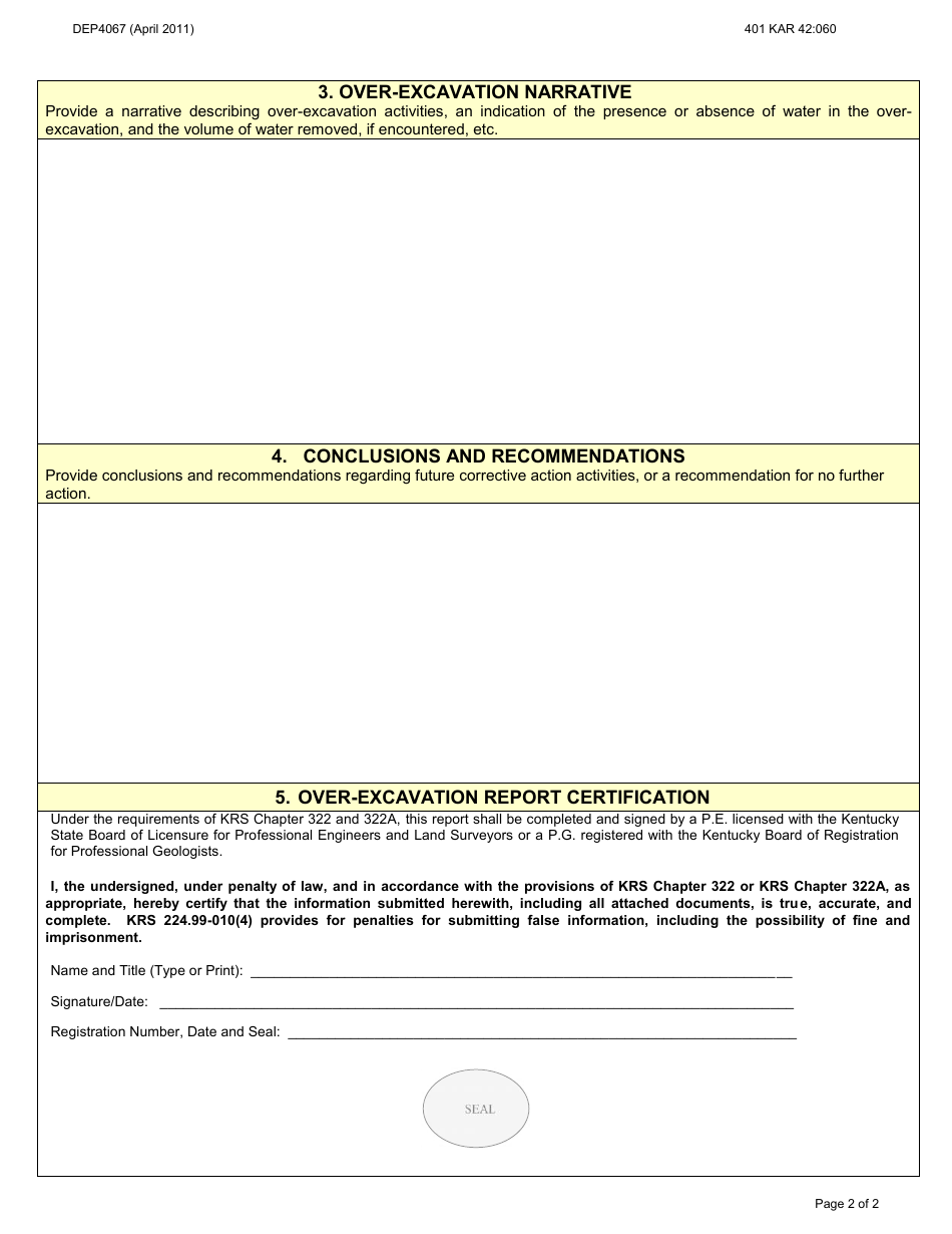 Form DEP4067 Over-excavation Report Form - Kentucky, Page 2