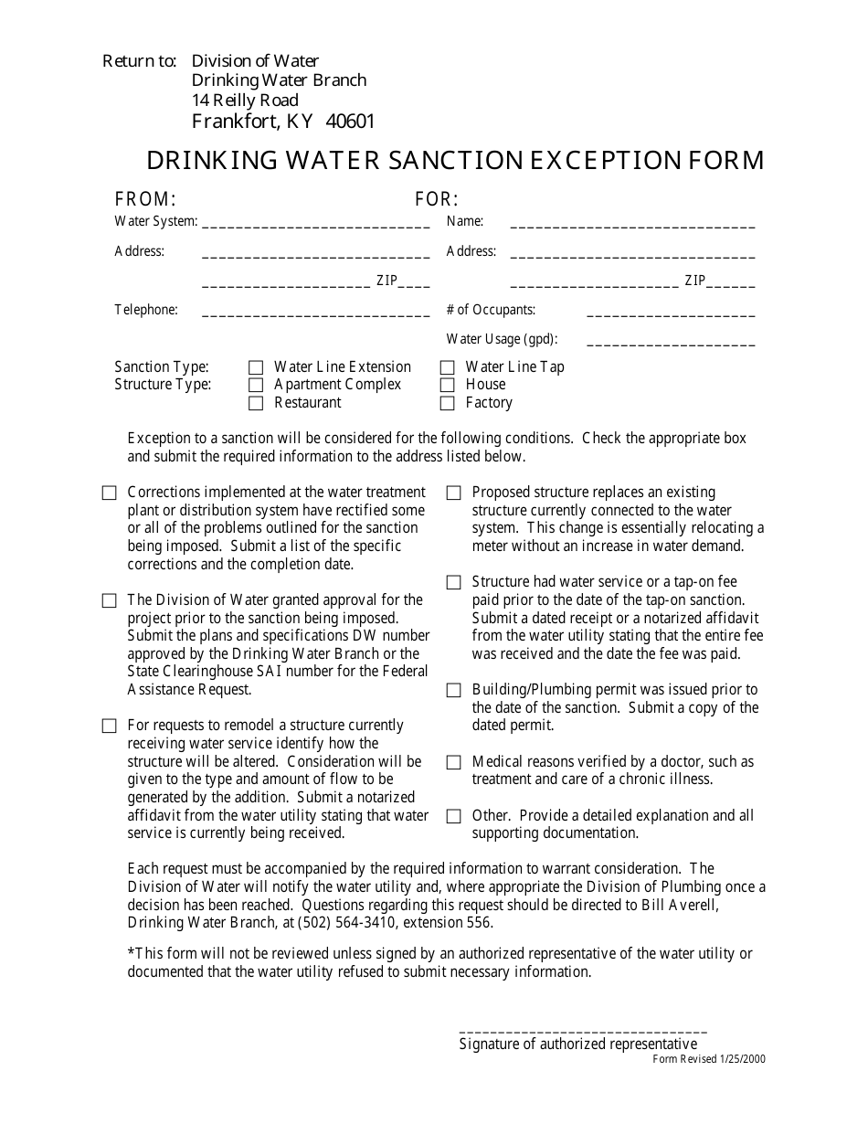 Drinking Water Sanction Exception Form (For Tap-On Buns) - Kentucky, Page 1