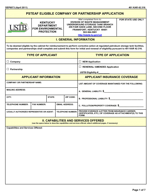 Form DEP6073 Psteaf Eligible Company or Partnership Application - Kentucky
