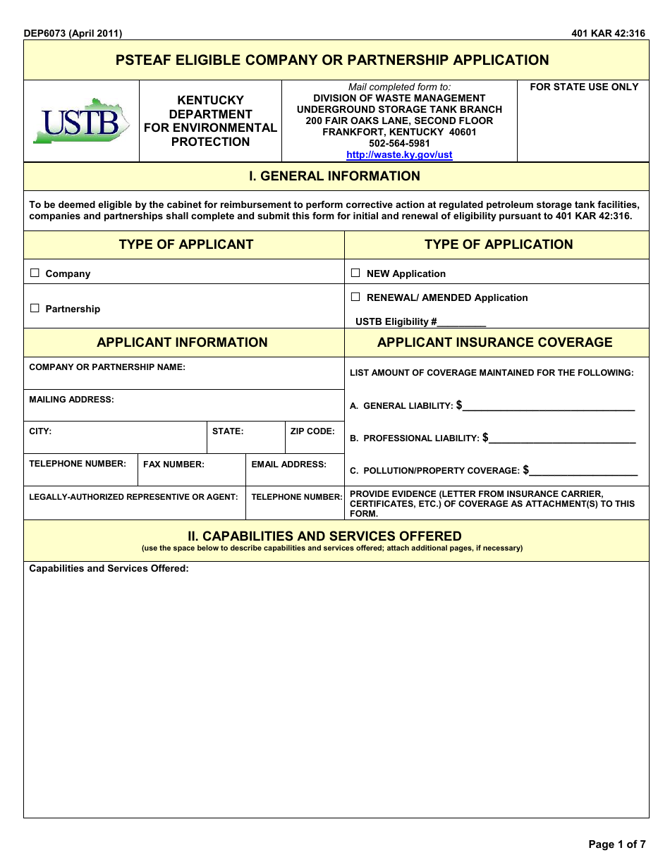 Form DEP6073 Psteaf Eligible Company or Partnership Application - Kentucky, Page 1