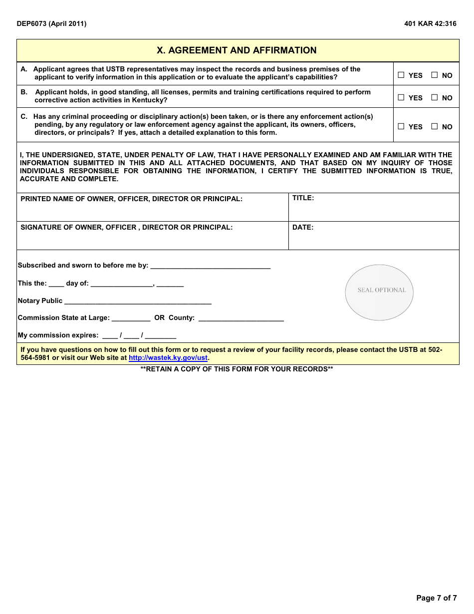 Form DEP6073 Psteaf Eligible Company or Partnership Application - Kentucky, Page 7