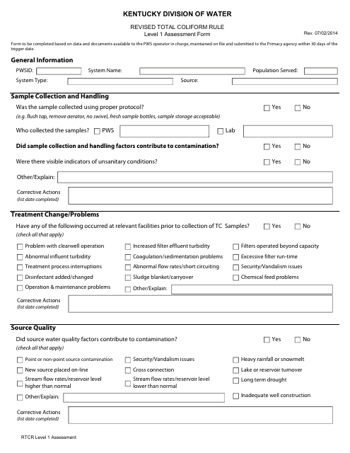 Revised Total Coliform Rule Level 1 Assessment Form - Kentucky Download Pdf