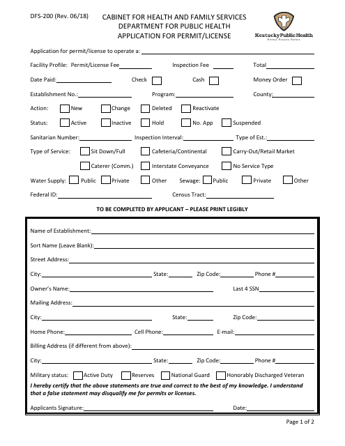 Form DFS-200 Application for Permit/License - Kentucky