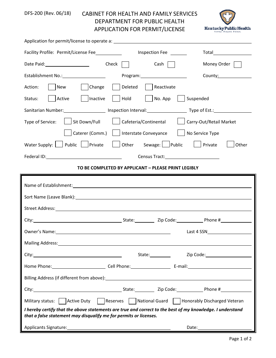 Form DFS-200 Application for Permit / License - Kentucky, Page 1