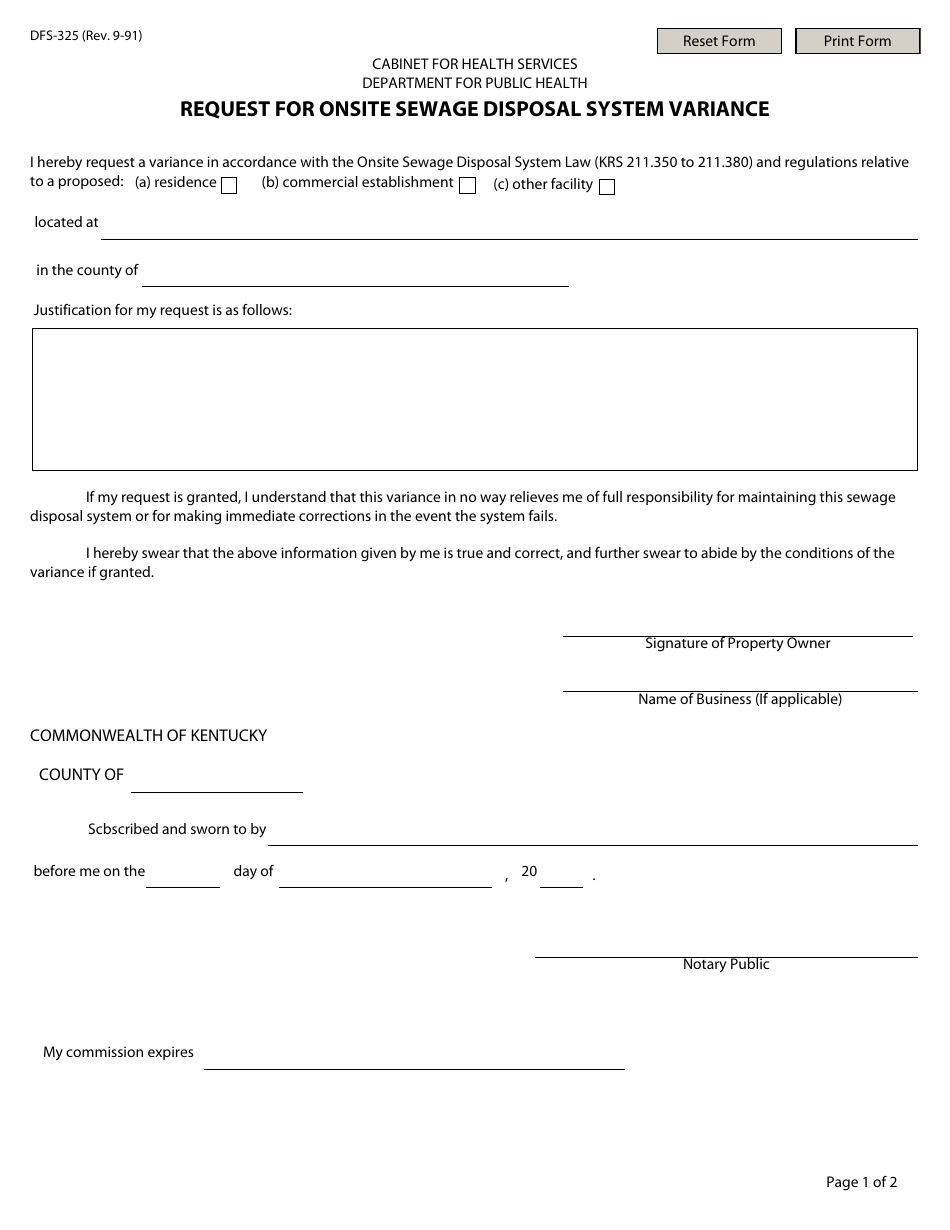 Form DFS-325 Request for Onsite Sewage Disposal System Variance - Kentucky, Page 1