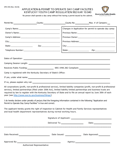 Form DFS-340 Application & Permit to Operate Day Camp Facilities - Kentucky