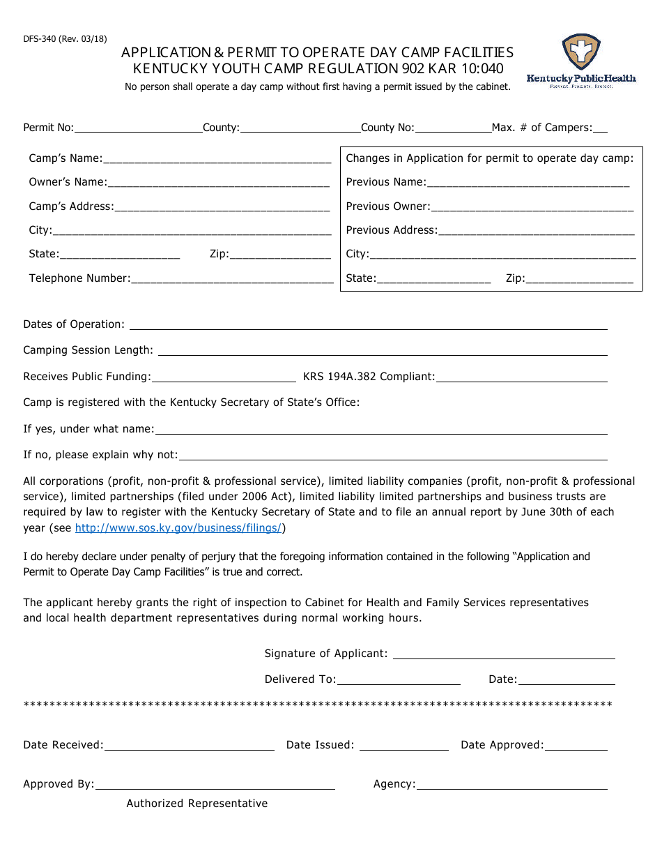 Form DFS-340 Application  Permit to Operate Day Camp Facilities - Kentucky, Page 1