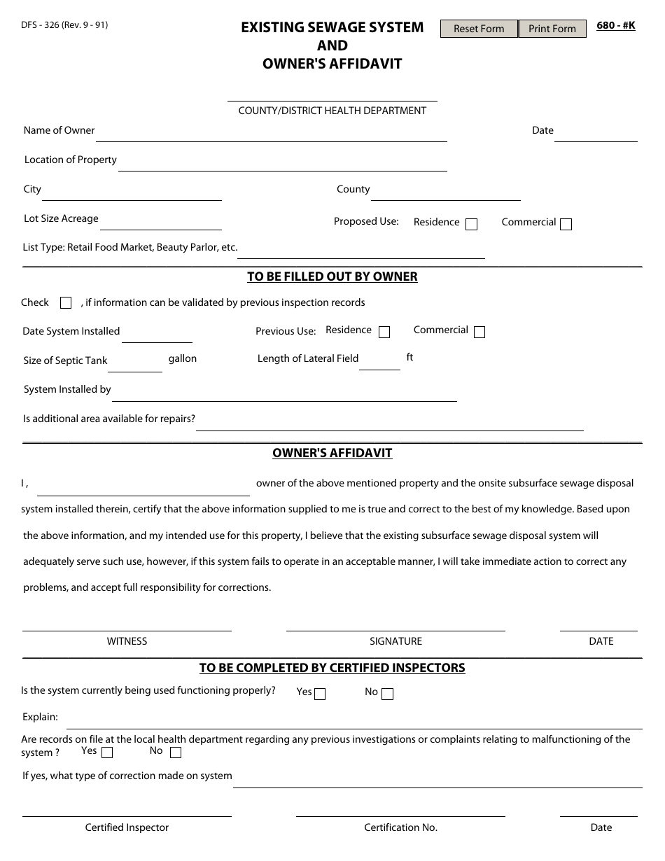 Form DFS-326 Existing Sewage System and Owners Affidavit - Kentucky, Page 1