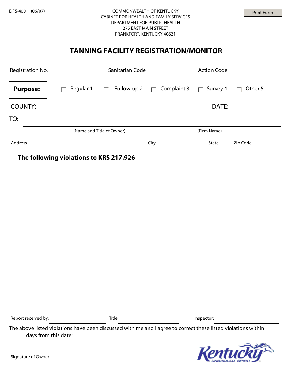Form DFS-400 Tanning Facility Registration / Monitor - Kentucky, Page 1