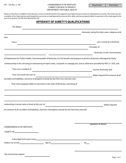 Form DFS-336 Affidavit of Surety's Qualifications - Kentucky