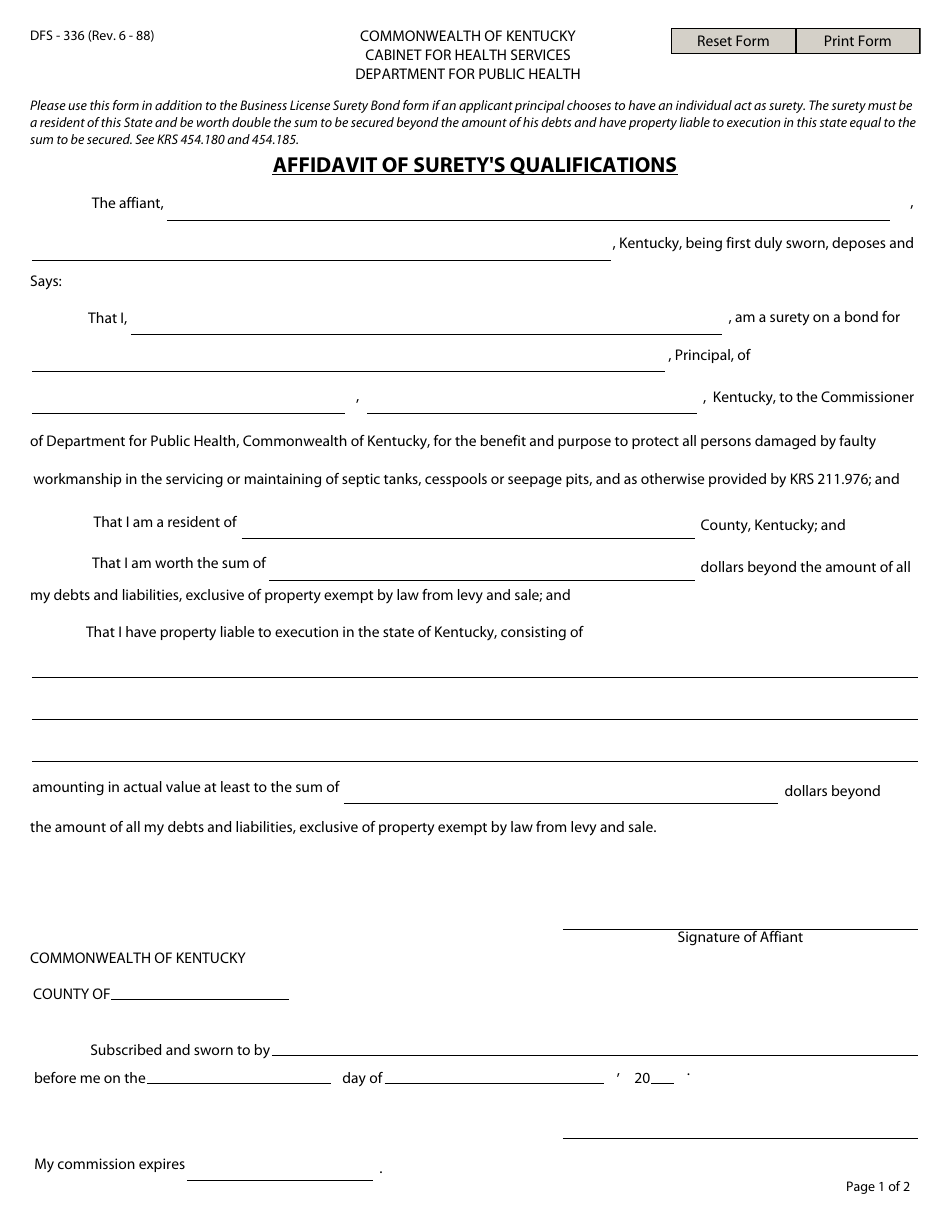 Form DFS-336 Affidavit of Suretys Qualifications - Kentucky, Page 1