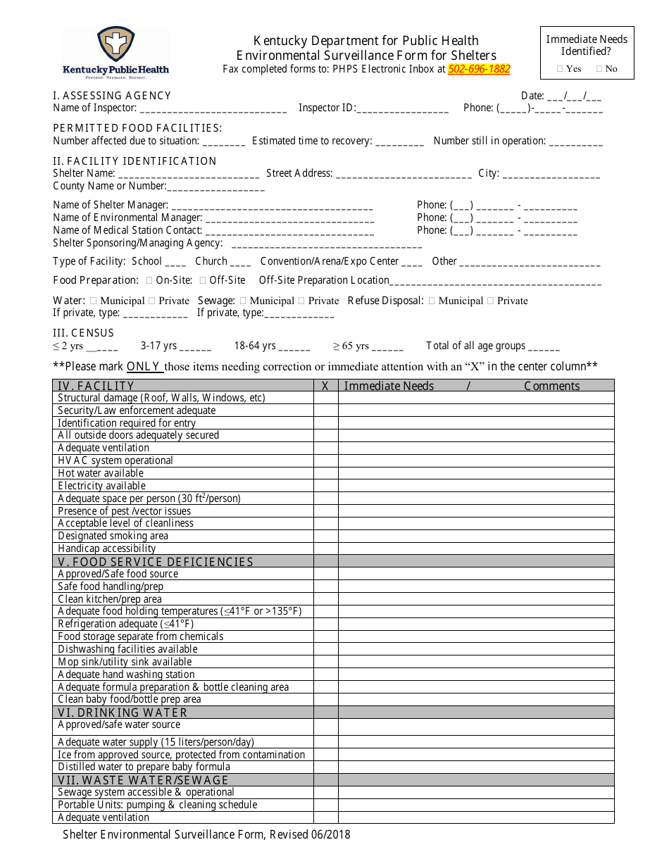 Kentucky Environmental Surveillance Form for Shelters Download ...