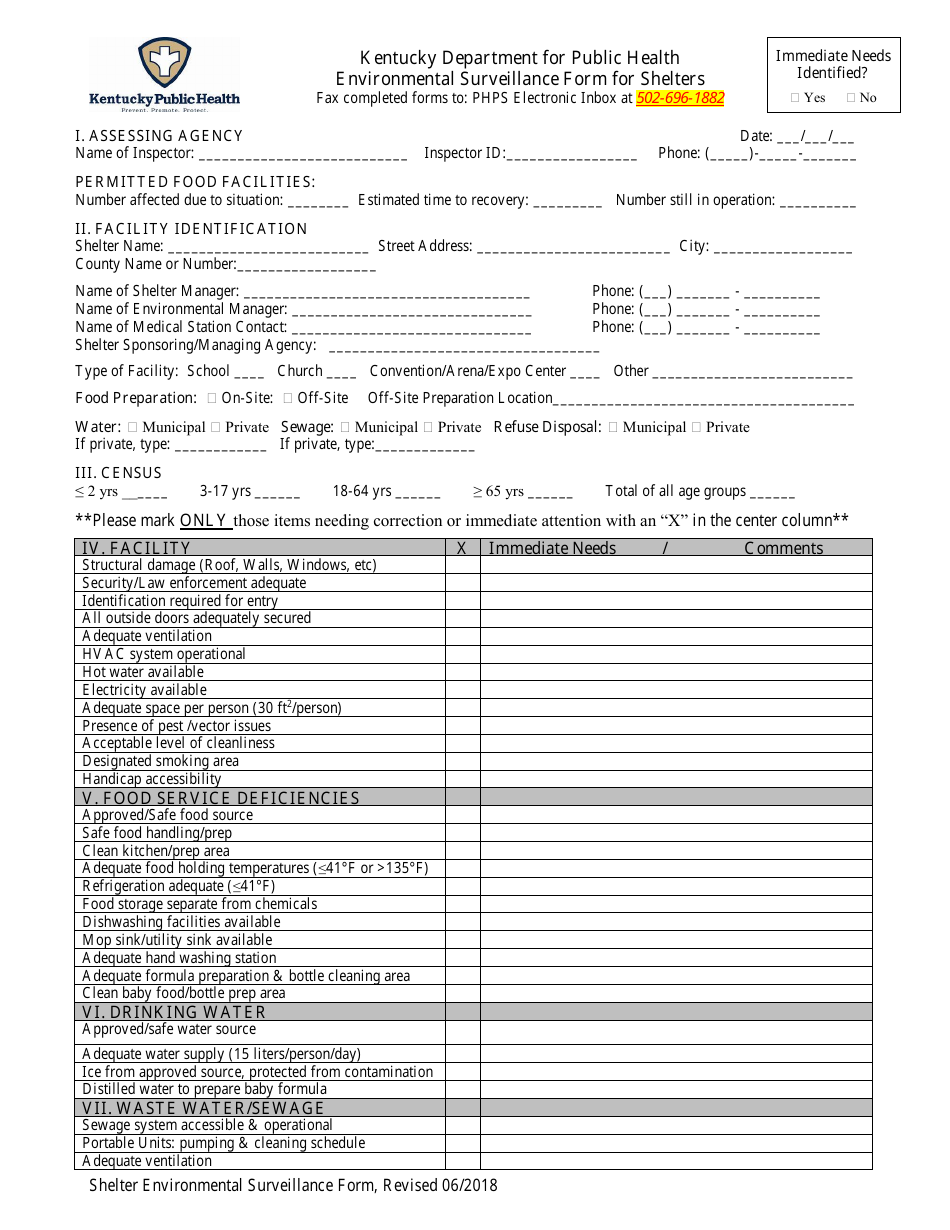 Environmental Surveillance Form for Shelters - Kentucky, Page 1