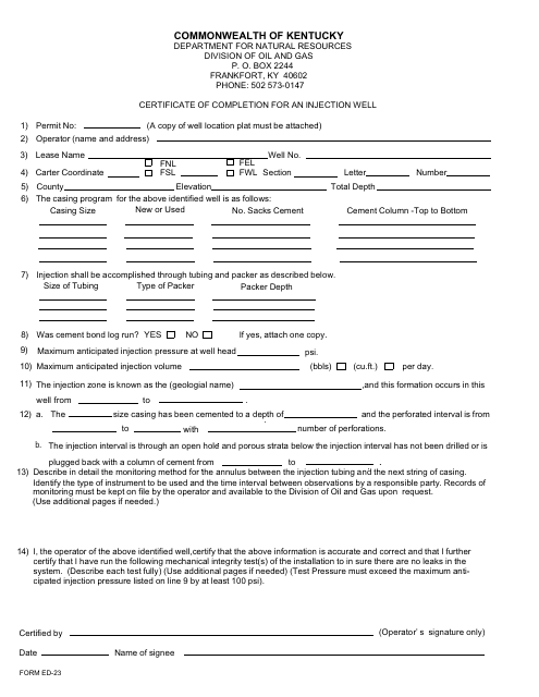 Form ED-23 Certification of Completion for an Injection Well - Kentucky