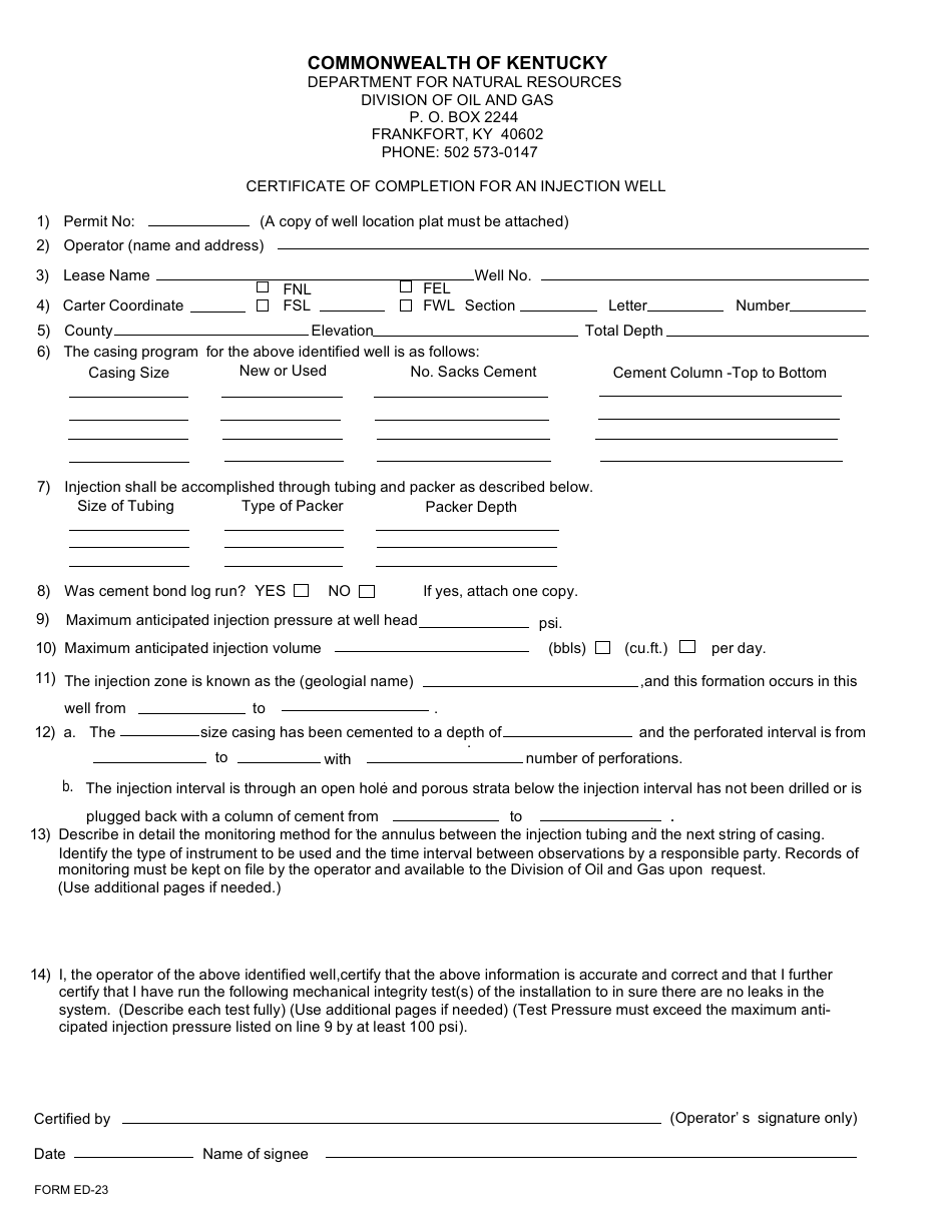 Form ED-23 Certification of Completion for an Injection Well - Kentucky, Page 1