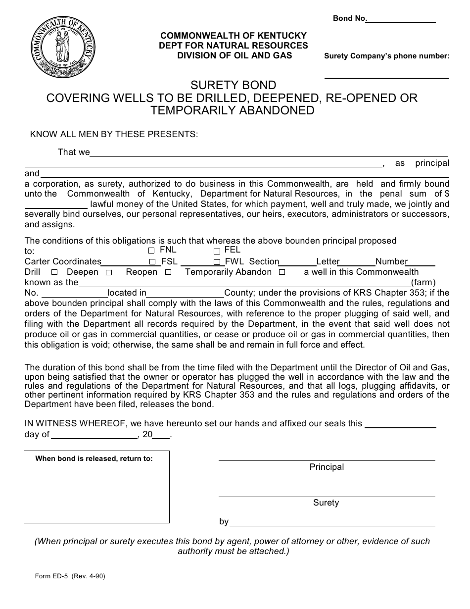 Form ED-5 Individual Surety Bond - Kentucky, Page 1