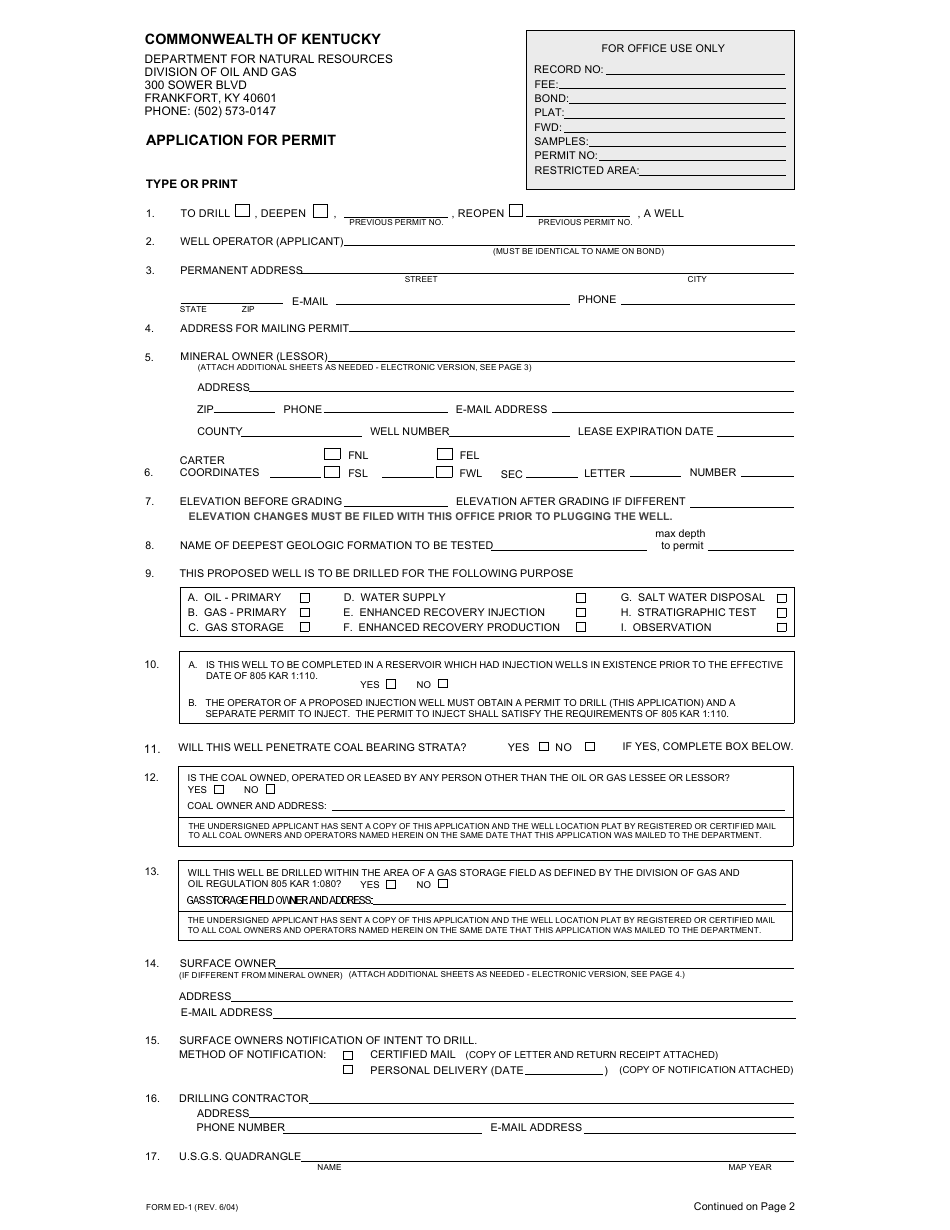 Form ED-1 Permit Application Form - Kentucky, Page 1