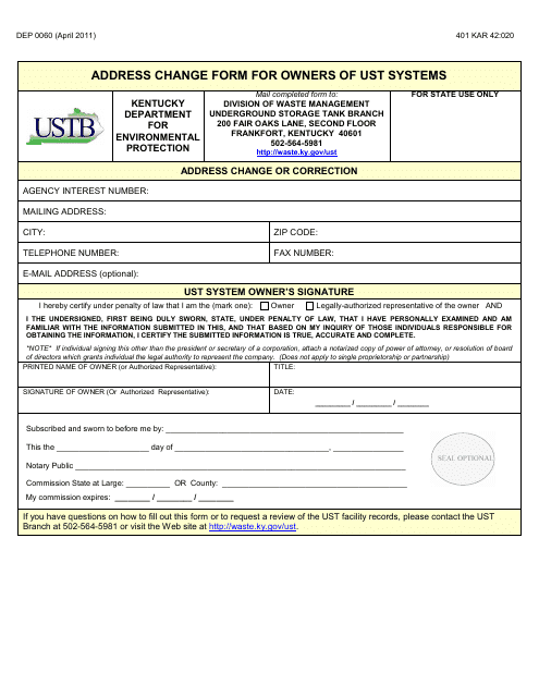 Form DEP0060 Address Change Form for Owners of Ust Systems - Kentucky