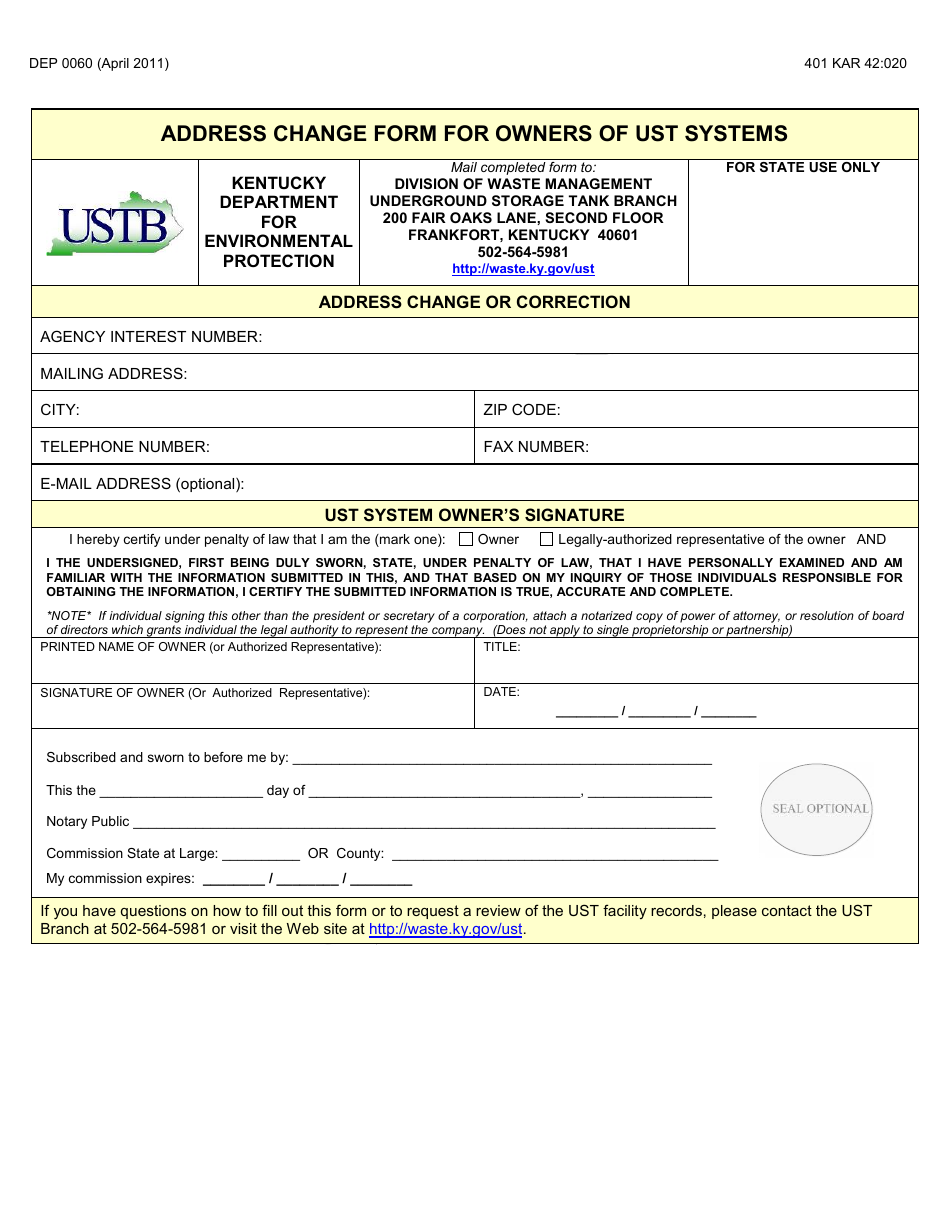 Form DEP0060 Address Change Form for Owners of Ust Systems - Kentucky, Page 1