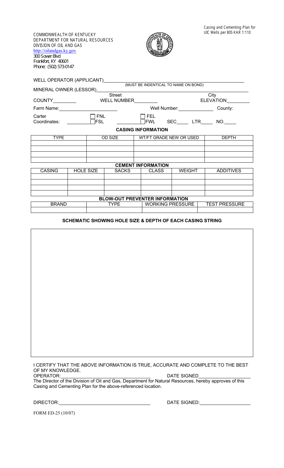 Form ED-25 Casing and Cementing Plan for Uic Wells - Kentucky, Page 1