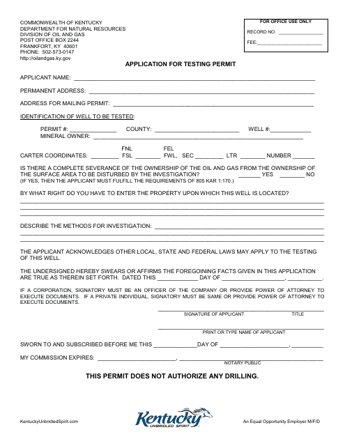 Application for Testing Permit - Kentucky Download Pdf