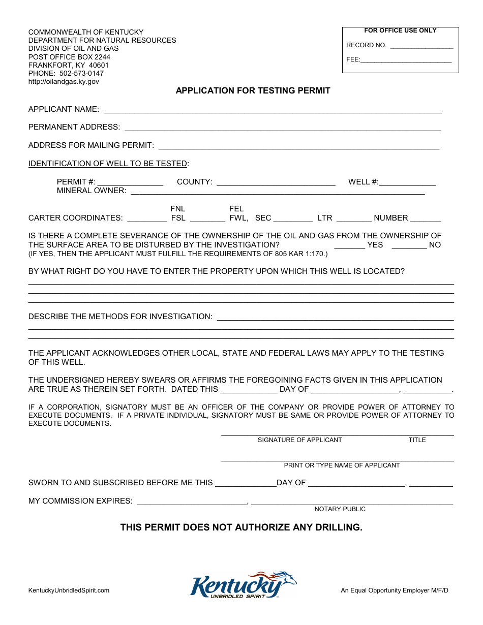 Application for Testing Permit - Kentucky, Page 1