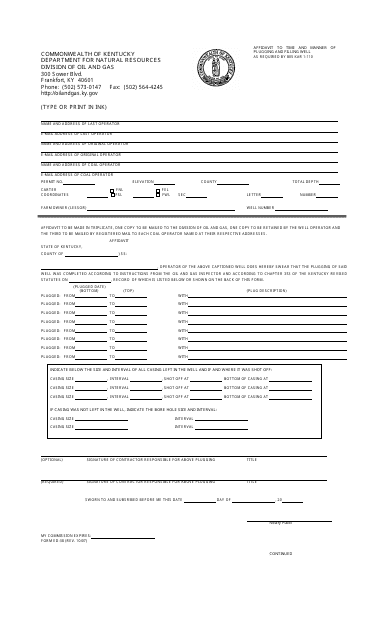 Form ED-38 Affidavit to Time and Manner of Plugging and Filling Well - Kentucky
