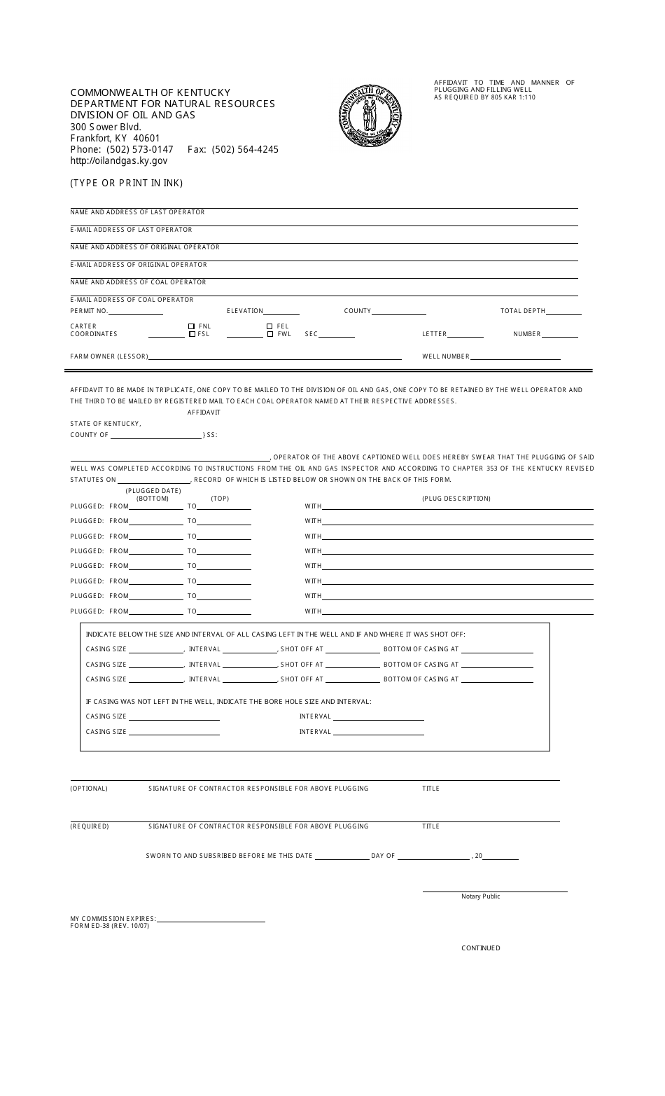 Form ED-38 Affidavit to Time and Manner of Plugging and Filling Well - Kentucky, Page 1