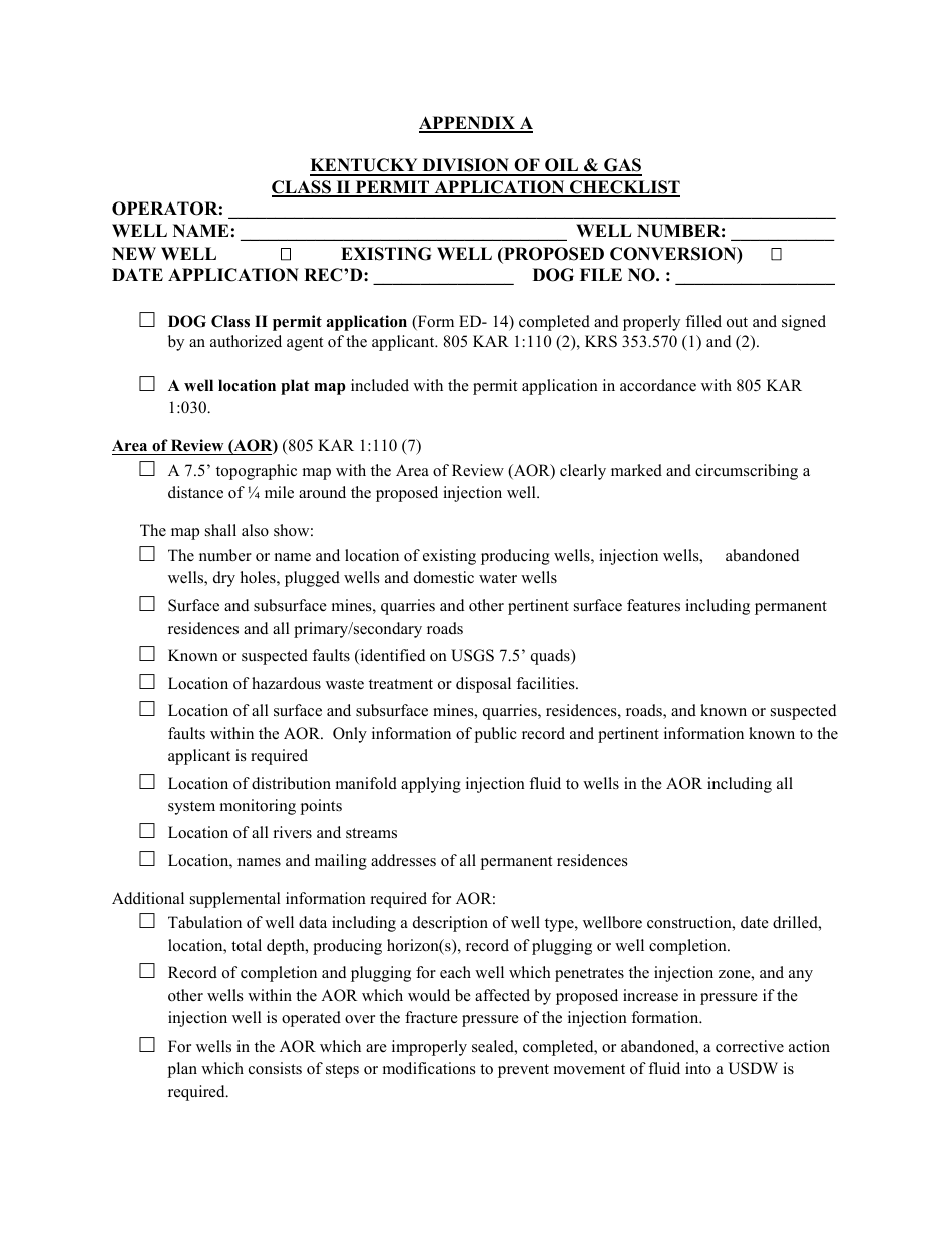 Appendix A Class II Permit Application Checklist - Kentucky, Page 1