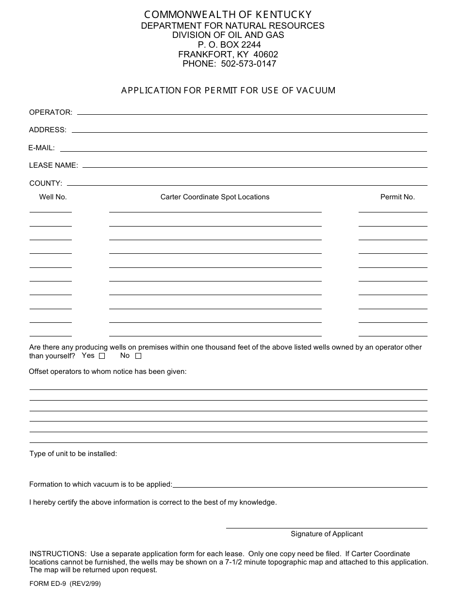 Form ED-9 Application for Permit for Use of Vacuum Form - Kentucky, Page 1