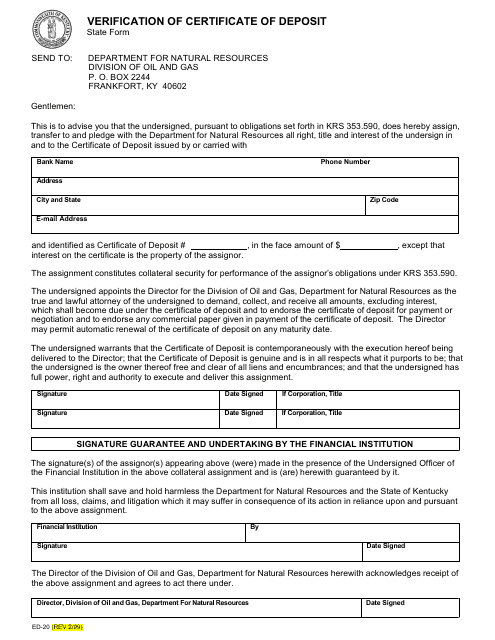 Form ED-20 Verification of Certificate of Deposit - Kentucky