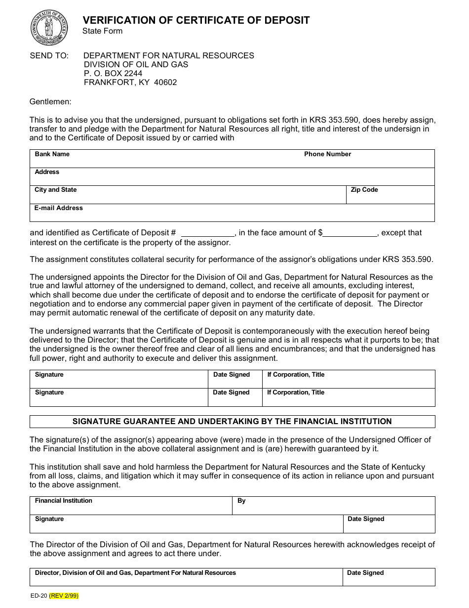 Form ED-20 Verification of Certificate of Deposit - Kentucky, Page 1