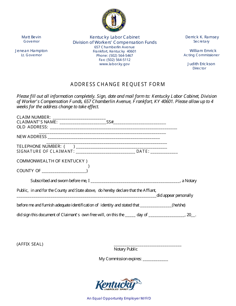 Address Change Request Form - Kentucky, Page 1