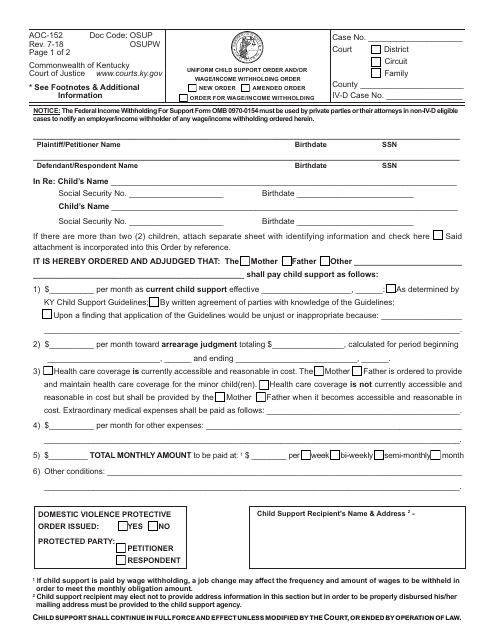 Form AOC-152 Uniform Child Support Order and/or Wage/Income Withholding Order - Kentucky