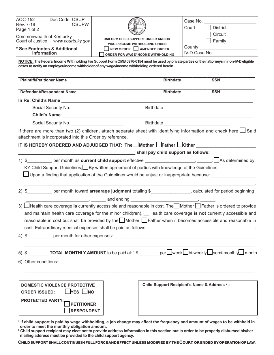 Form AOC-152 Uniform Child Support Order and/or Wage/Income Withholding Order - Kentucky, Page 1