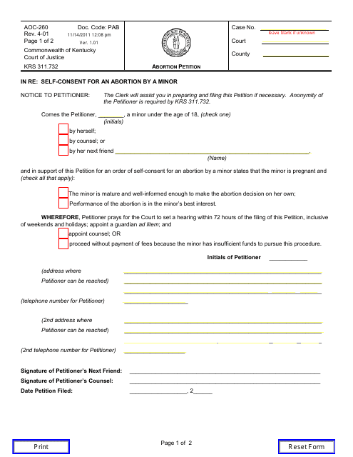 Form AOC-260 Abortion Petition - Kentucky