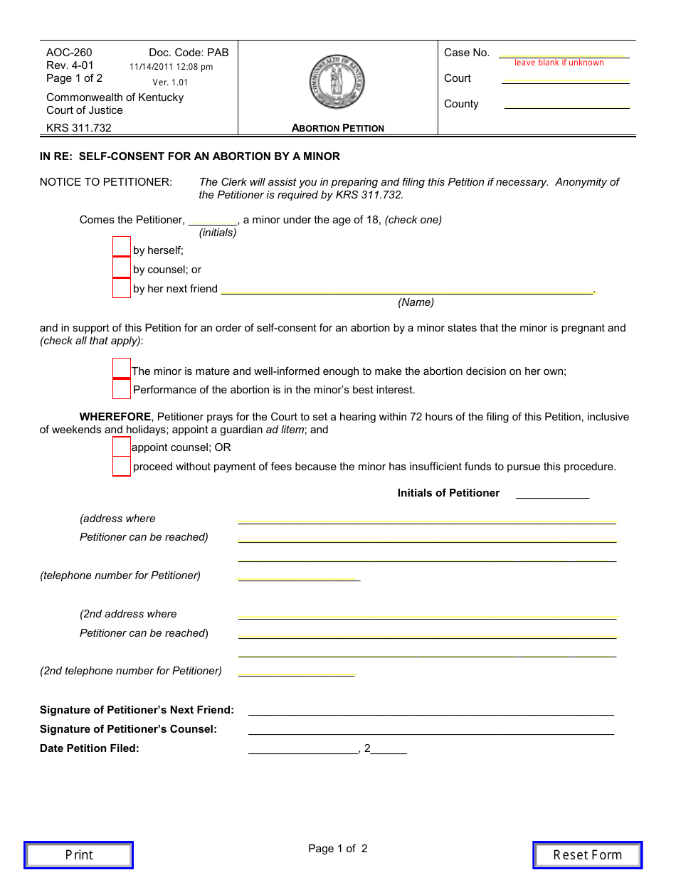 Form AOC-260 Abortion Petition - Kentucky, Page 1