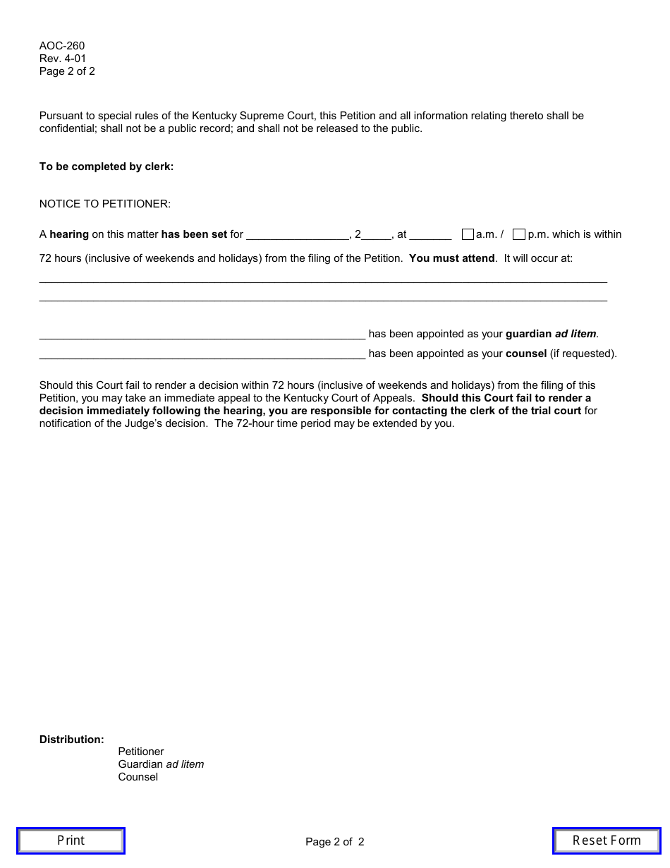 Form AOC-260 Abortion Petition - Kentucky, Page 2