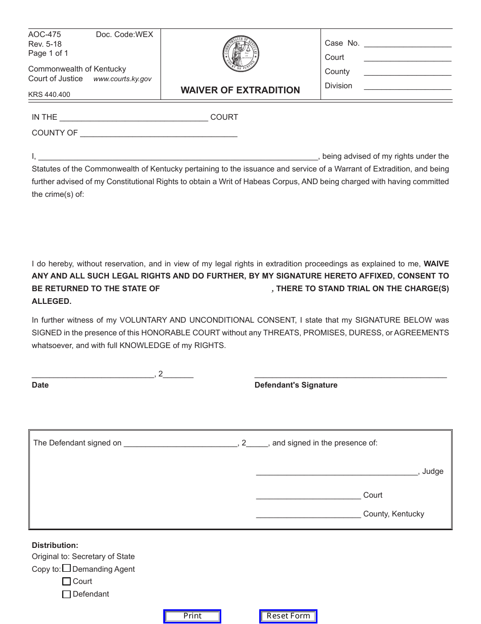 Form AOC-475 Waiver of Extradition - Kentucky, Page 1