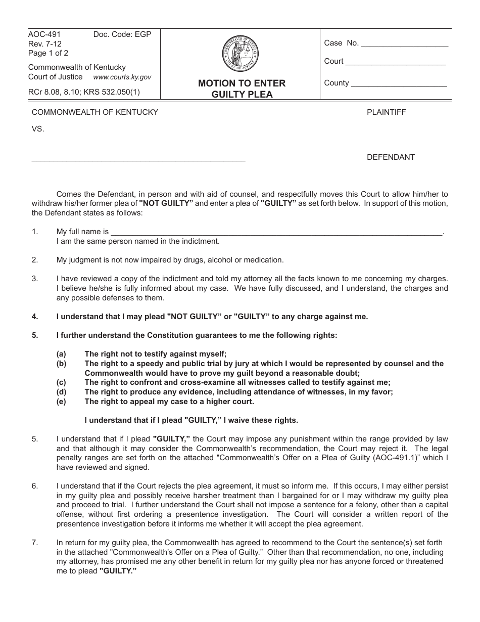 Form AOC-491 Motion to Enter Guilty Plea - Kentucky, Page 1