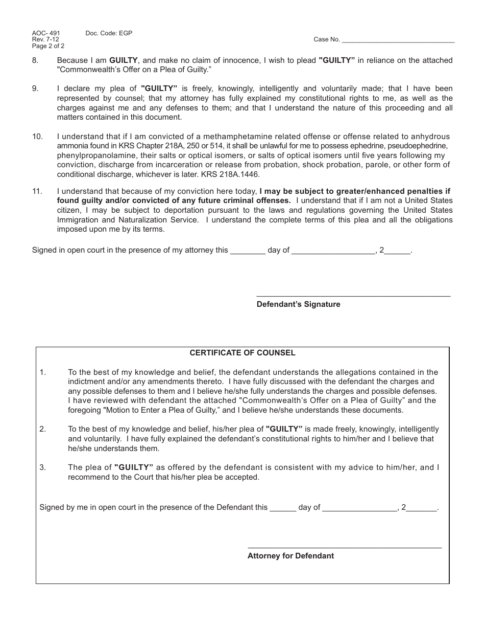 Form AOC-491 - Fill Out, Sign Online and Download Printable PDF ...