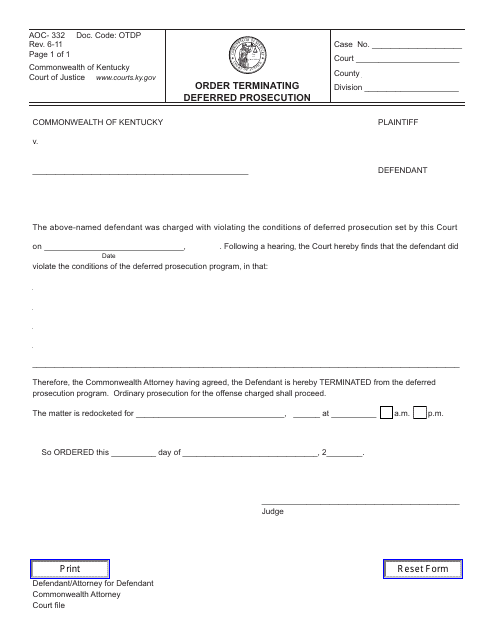 Form AOC-332 Order Terminating Deferred Prosecution - Kentucky