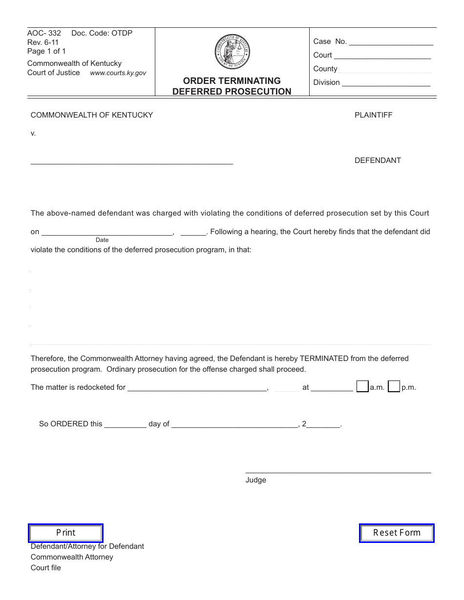 Form AOC-332 Order Terminating Deferred Prosecution - Kentucky, Page 1