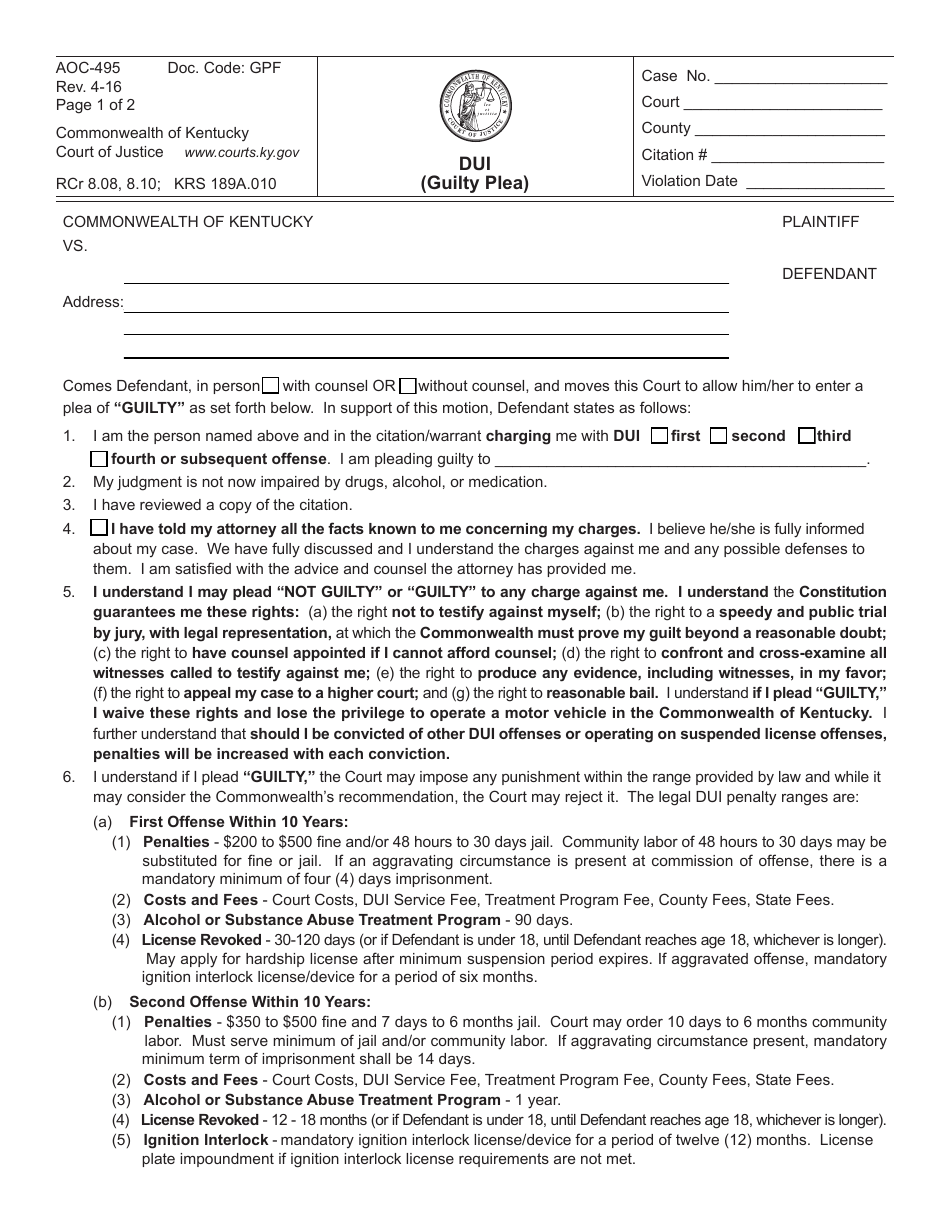 Form AOC-495 Dui (Guilty Plea) - Kentucky, Page 1
